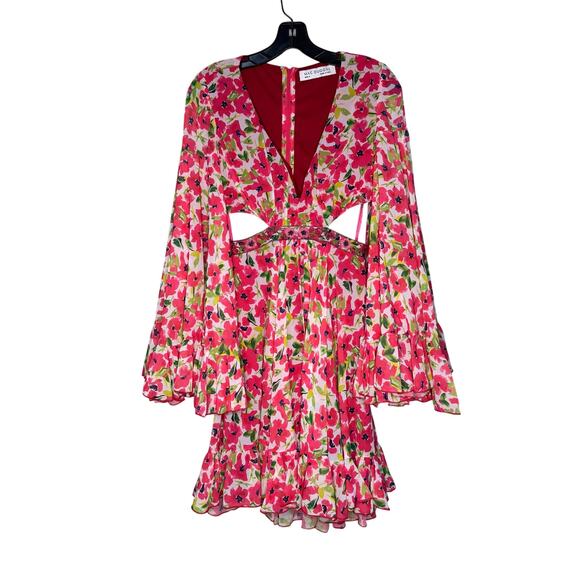 Mac Duggal NWT Floral Print Bell Sleeve Mini Dress in Pink Multi Size 6 - Picture 3 of 8